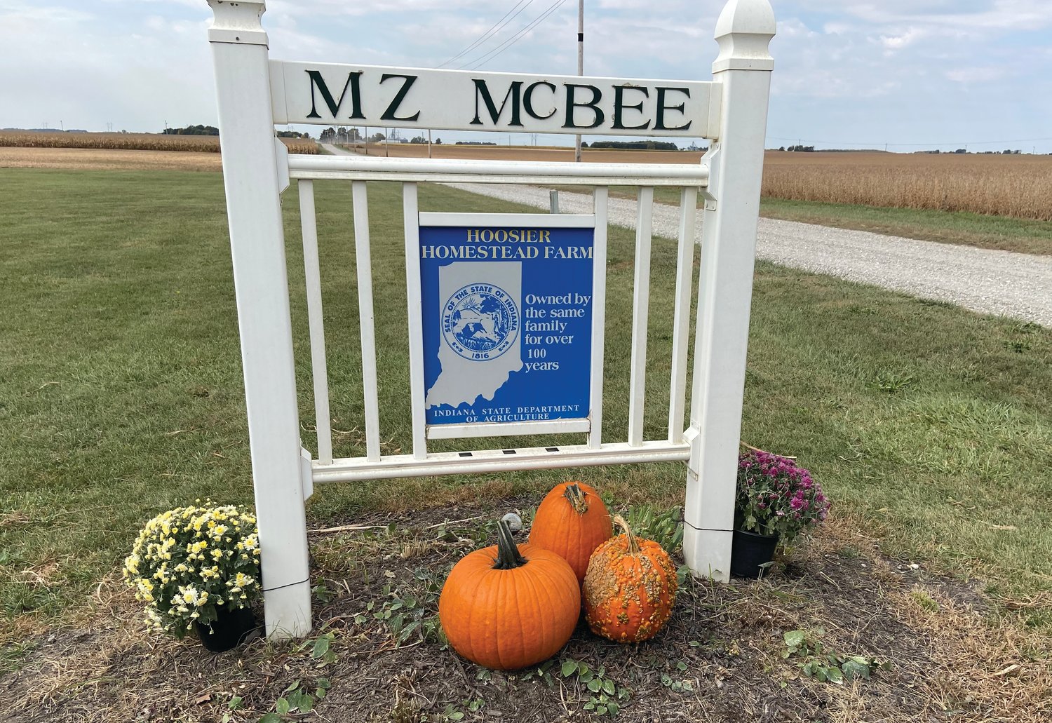 A commemorative sign awarded by the state of Indiana recognizes the heritage of the McBee Farm.